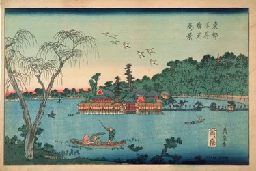 Frühlingsansicht des Benten-Schreins, Shinobazu-Teich, ca. 1830